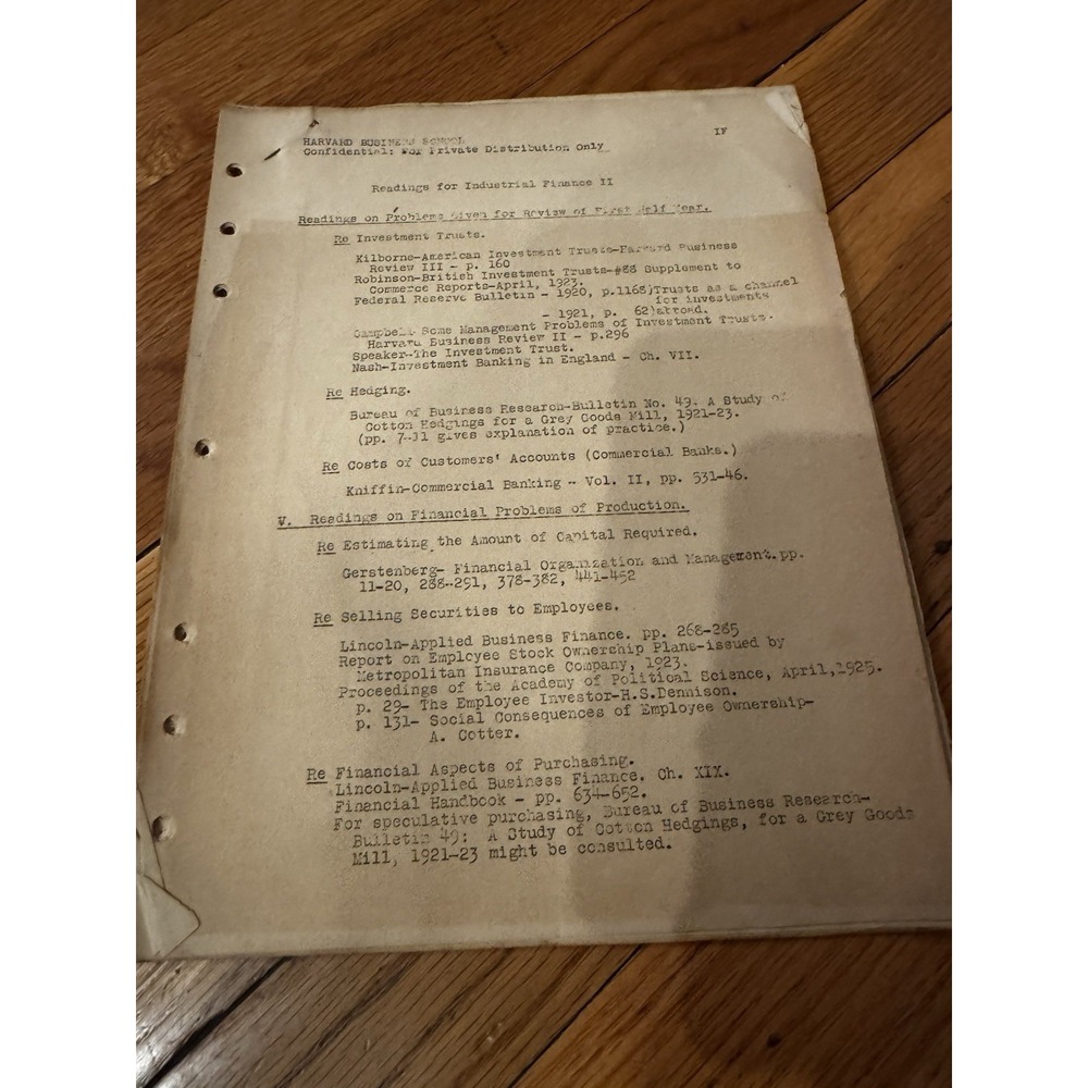 Vintage Harvard University Industrial‎ Finance II Class Readings 1920s Ephemera